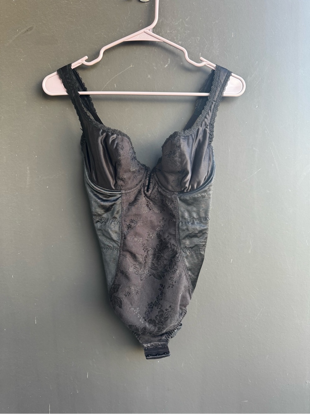 Vintage black underwire shaping bodysuit with jacquard roses